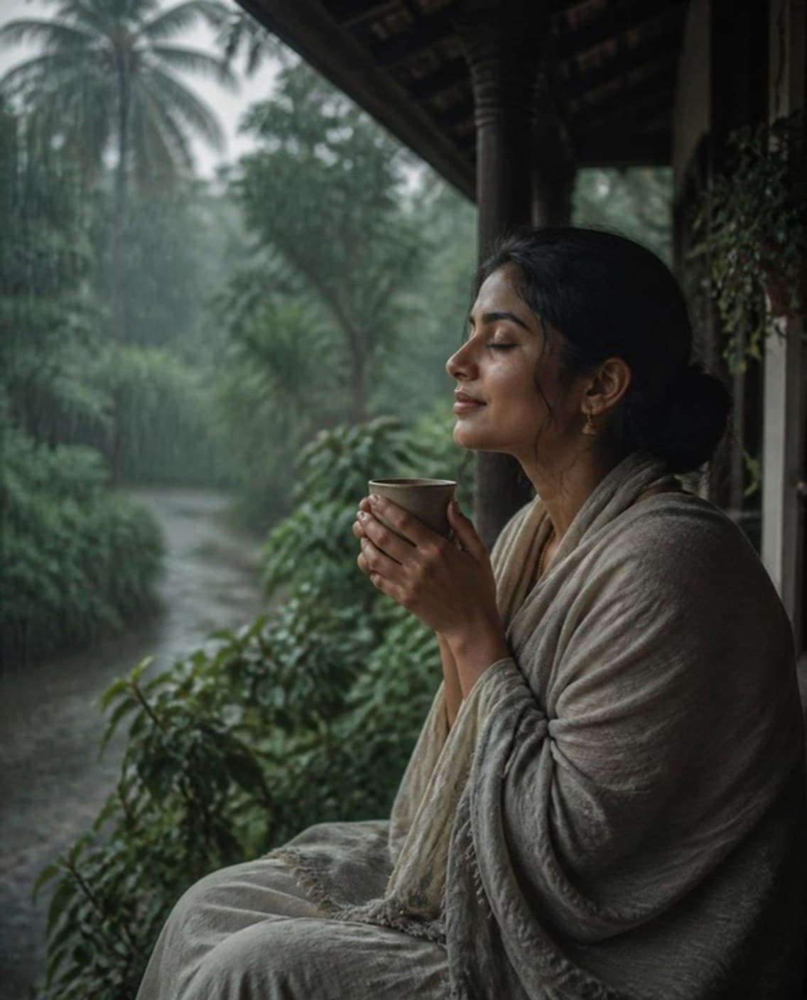 A woman resting with a cup of tea on a verandah in the monsoon rain