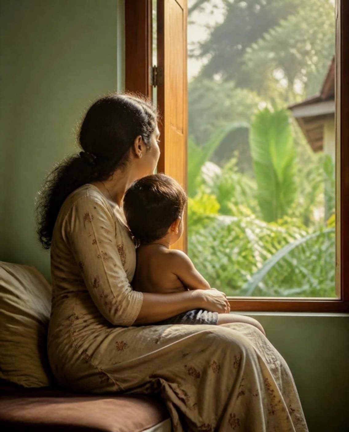 A mother holding her child by a sunlit window